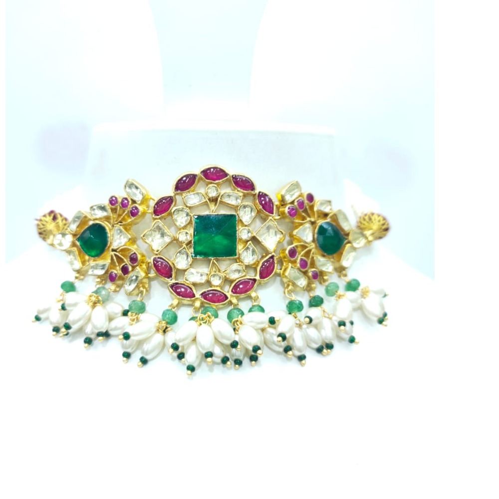 Flower designing with kundan work with hanging white moti necklace set 1612