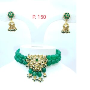 Full Choker with green beads and kundan work necklace set 1611