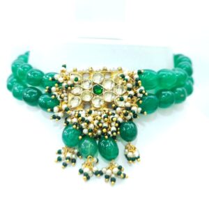 Full Choker with green beads and kundan work necklace set 1611