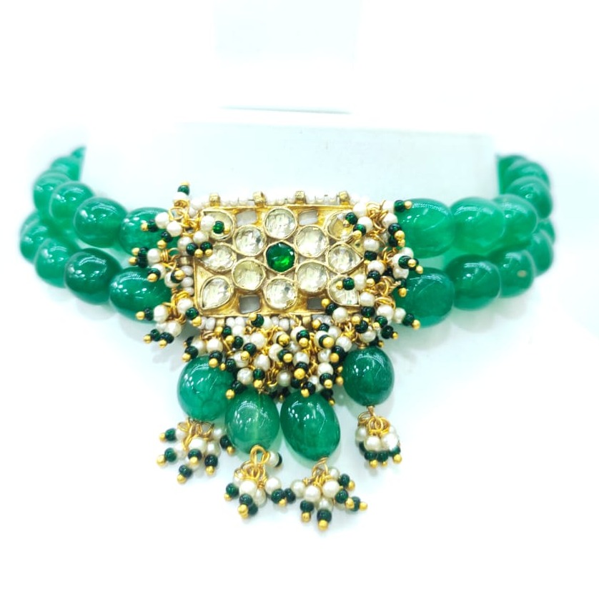 Full Choker with green beads and kundan work necklace set 1611