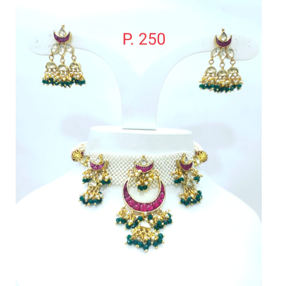 Mini choker with hanging green moti and emerald and ruby necklace set 1610 - Image 3