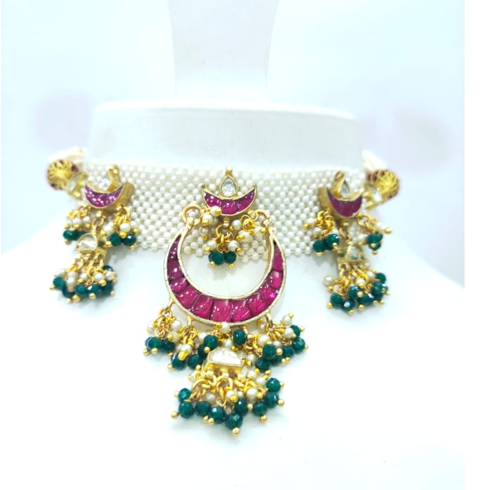 Mini choker with hanging green moti and emerald and ruby necklace set 1610