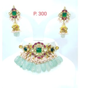 Hanging Water color stone with flower design choker and kundan work necklace set 1609