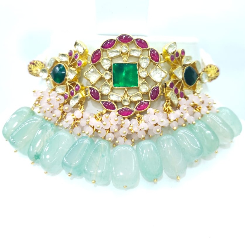 Hanging Water color stone with flower design choker and kundan work necklace set 1609