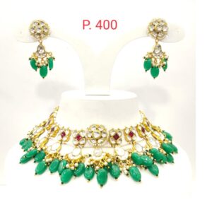 Sky blue beads chokker kundan with flower work wuby stone necklace set 1603
