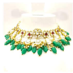 Sky blue beads chokker kundan with flower work wuby stone necklace set 1603