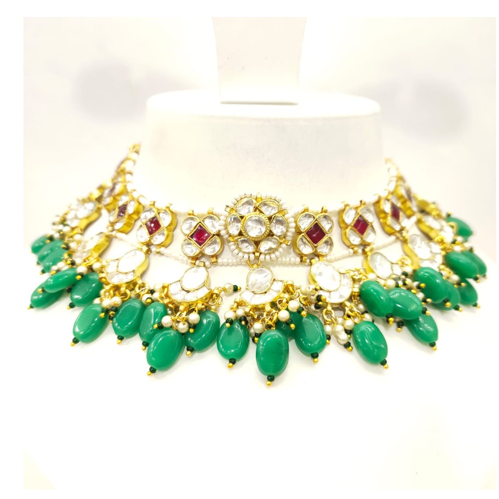 Sky blue beads chokker kundan with flower work wuby stone necklace set 1603