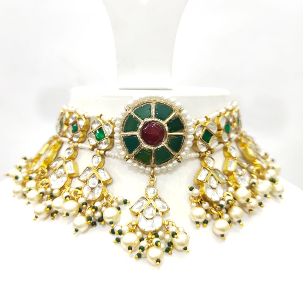 Round shape emerald and ruby stone with kundan and choker necklace set 1600