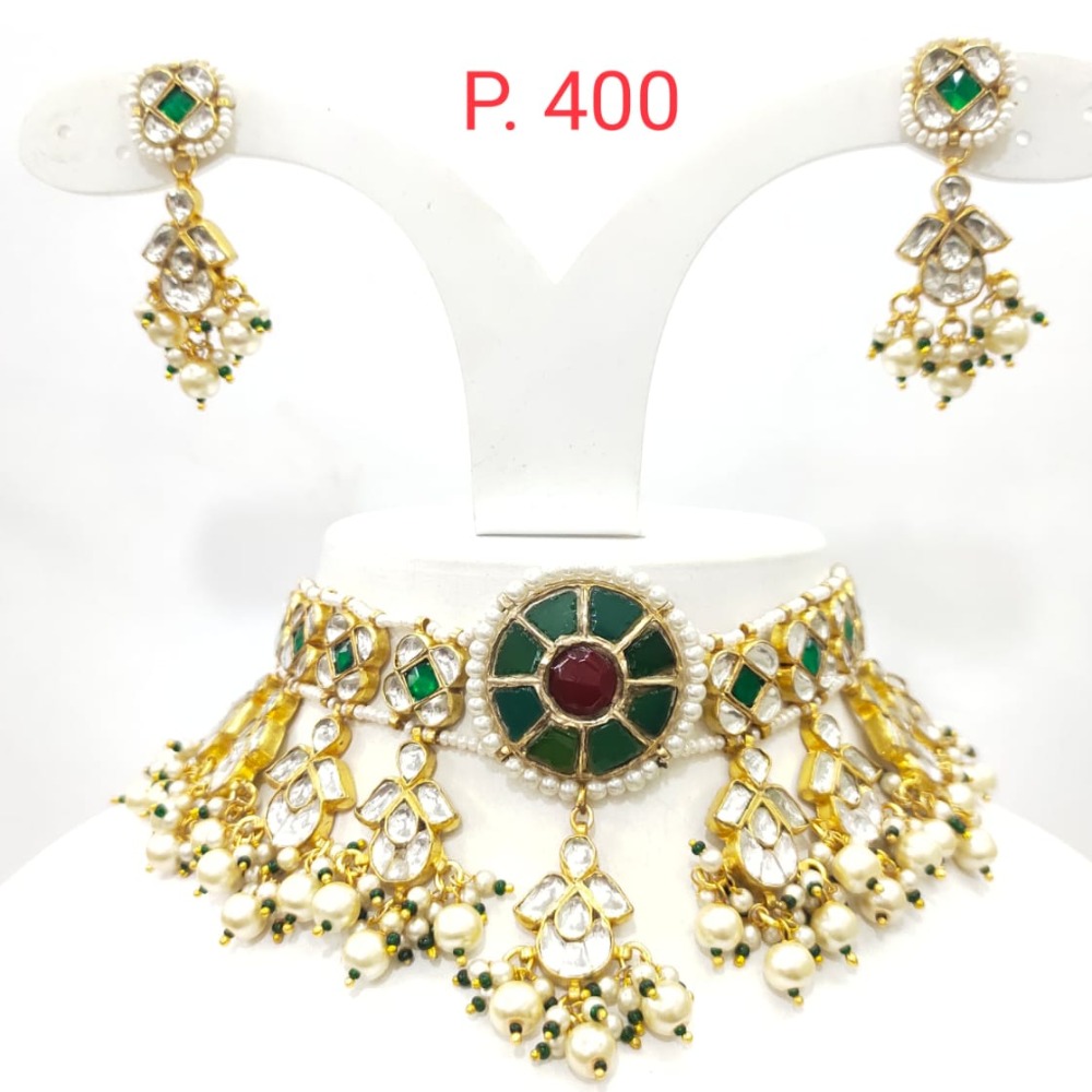 Hanging ruby with choker kundan antique flower work necklace set 1599 - Image 2