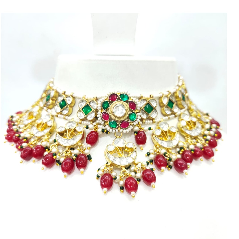 Hanging ruby with choker kundan antique flower work necklace set 1599