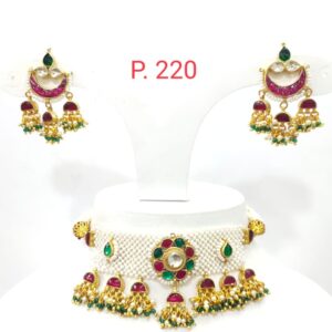 Full choker with flower design hanging ruby and emerald stone necklace set 1598