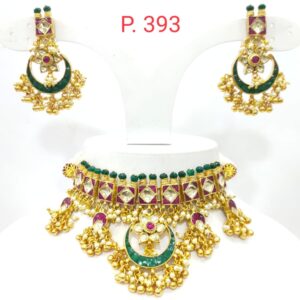 Classic work with squere design gold plated emerald and ruby stone necklace set 1597