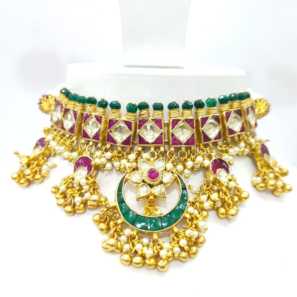 Classic work with squere design gold plated emerald and ruby stone necklace set 1597