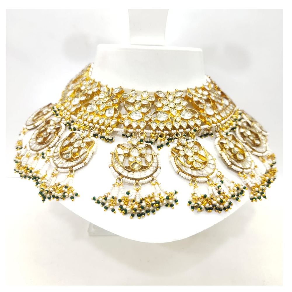 Antique Traditional with full kundan work and hanging black moti necklace set 1595
