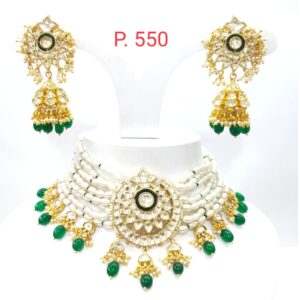 Choker flower style kundan work with hanging Beard & white moti necklace set 1594