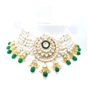 Choker flower style kundan work with hanging Beard & white moti necklace set 1594