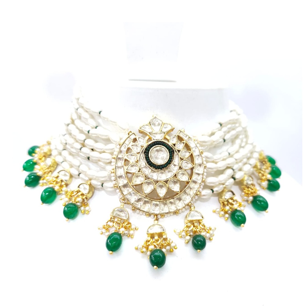 Choker flower style kundan work with hanging Beard & white moti necklace set 1594