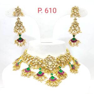 Full choker with hanging ruby and emrald stone Anniversary special necklace set 1593