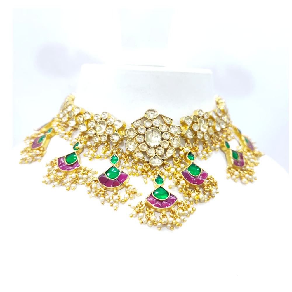 Full choker with hanging ruby and emrald stone Anniversary special necklace set 1593