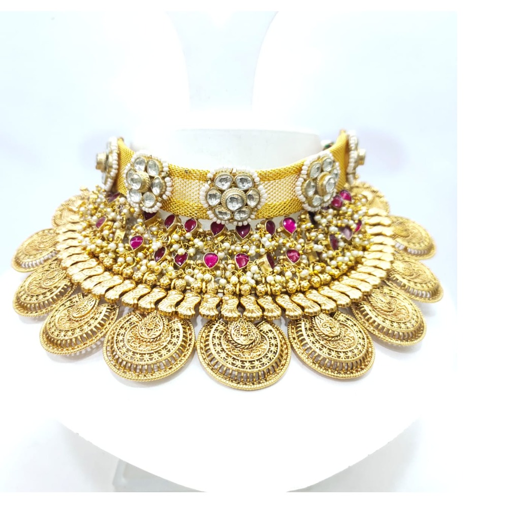 Antique with bit work full choker and gold plated wedding necklace set 1592