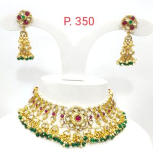 Antique choker with flower design and hanging blue emerald & ruby stone necklace set 1591
