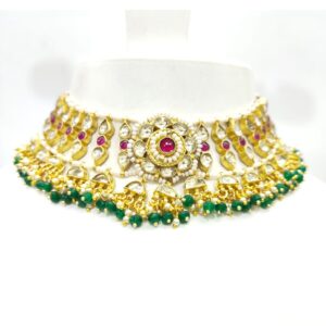 Antique choker with flower design and hanging blue emerald & ruby stone necklace set 1591