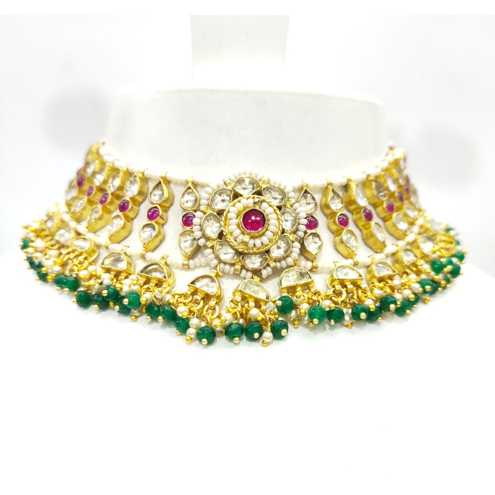 Antique choker with flower design and hanging blue emerald & ruby stone necklace set 1591