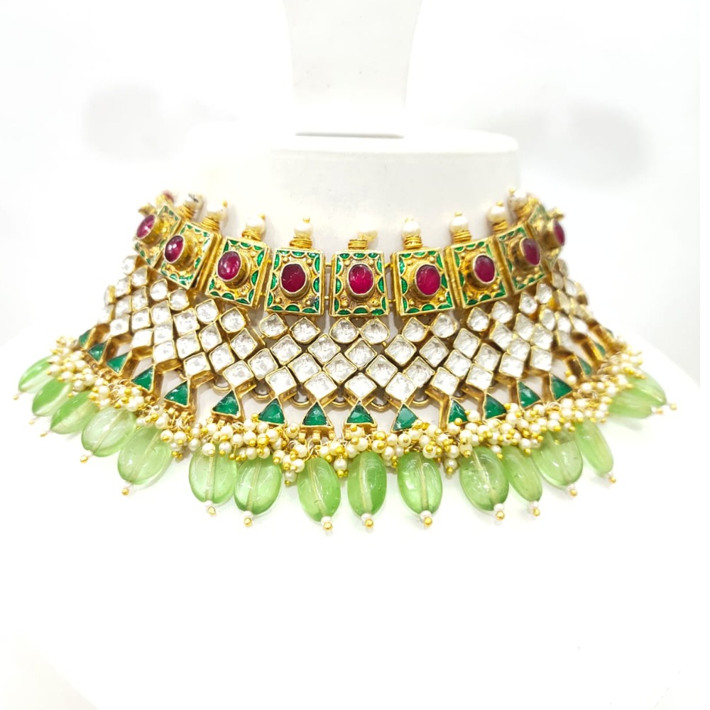 handmade emeral and ruby stone work with Traditional Antique style work necklace set 1590