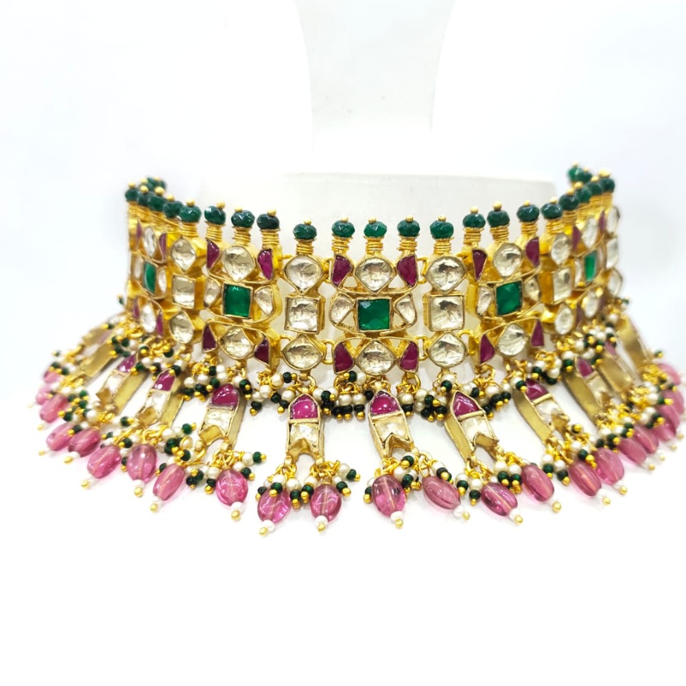 Traditional Antique style with handmade emeral and ruby stone work necklace set 1589