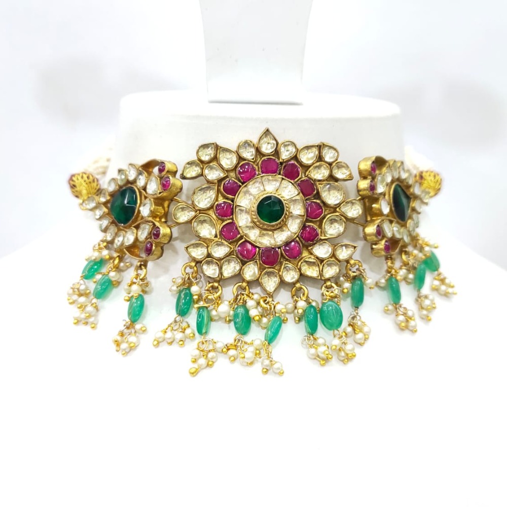 Antique Traditional kundan choker with emerald and ruby stone necklace set 1588