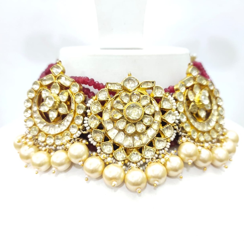 Bridal set for women with kundan and hanging red moti necklace set 1587