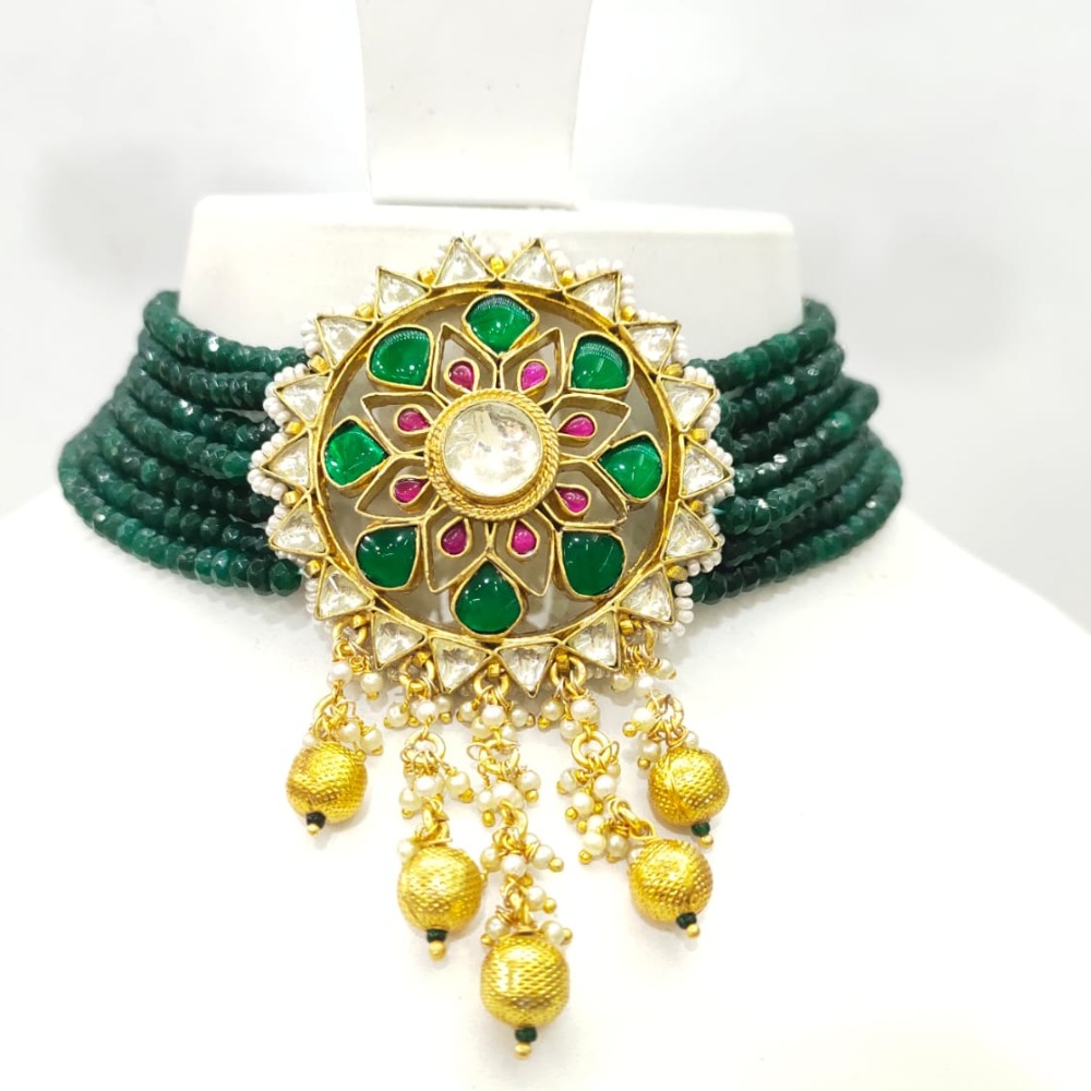 Chokker with green moti mala and hanging bold plated moti & kundan emerald and ruby set 1585