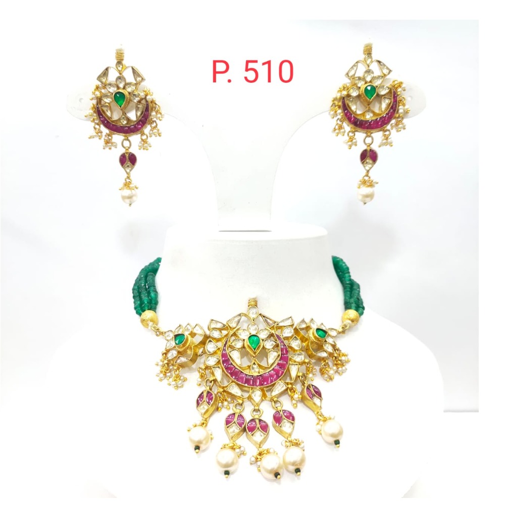 Gold plated with choker kundan work Traditional and emerald and ruby stone set 1584 - Image 3