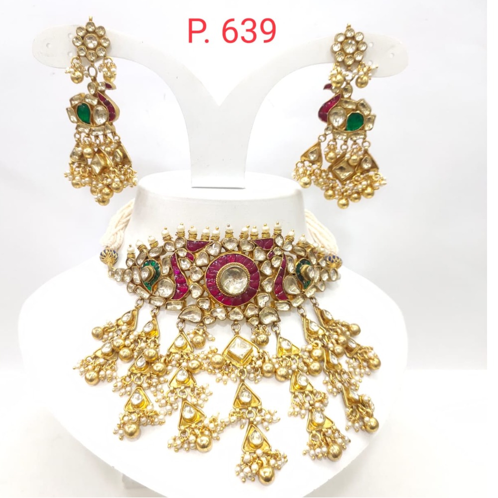 Hanging gold plated with kundan with peacock style & emerald and ruby stone work set 1583 - Image 3