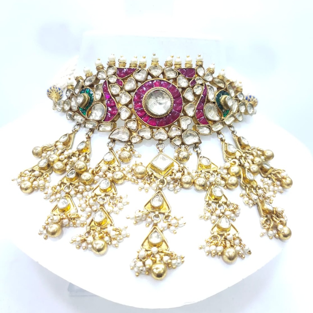 Hanging gold plated with kundan with peacock style & emerald and ruby stone work set 1583