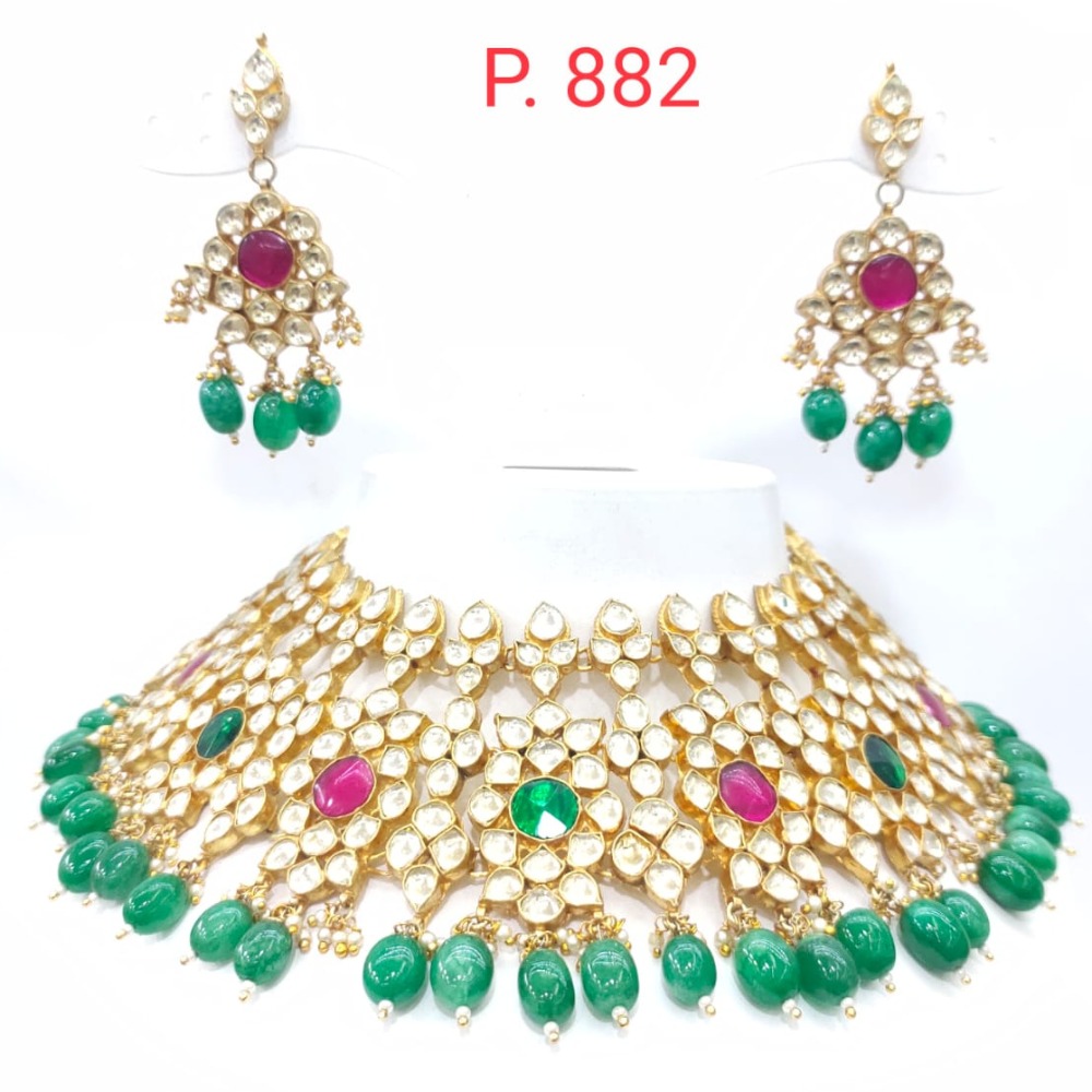 Maharani style choker kundan work with hanging emerald moti & ruby necklace set 1582 - Image 3