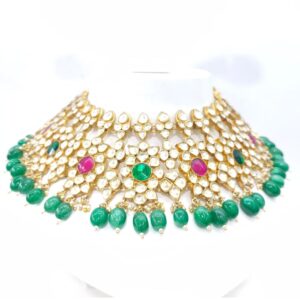 Maharani style choker kundan work with hanging emerald moti & ruby necklace set 1582