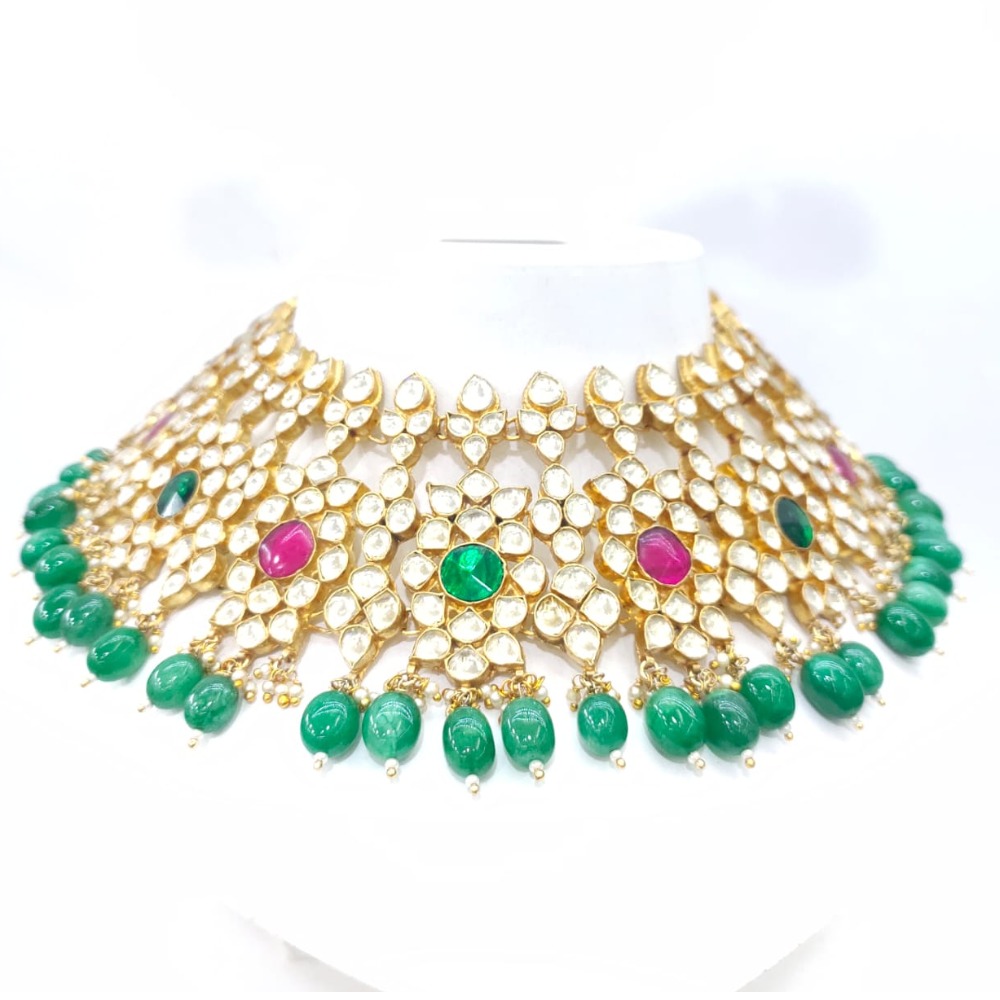 Maharani style choker kundan work with hanging emerald moti & ruby necklace set 1582