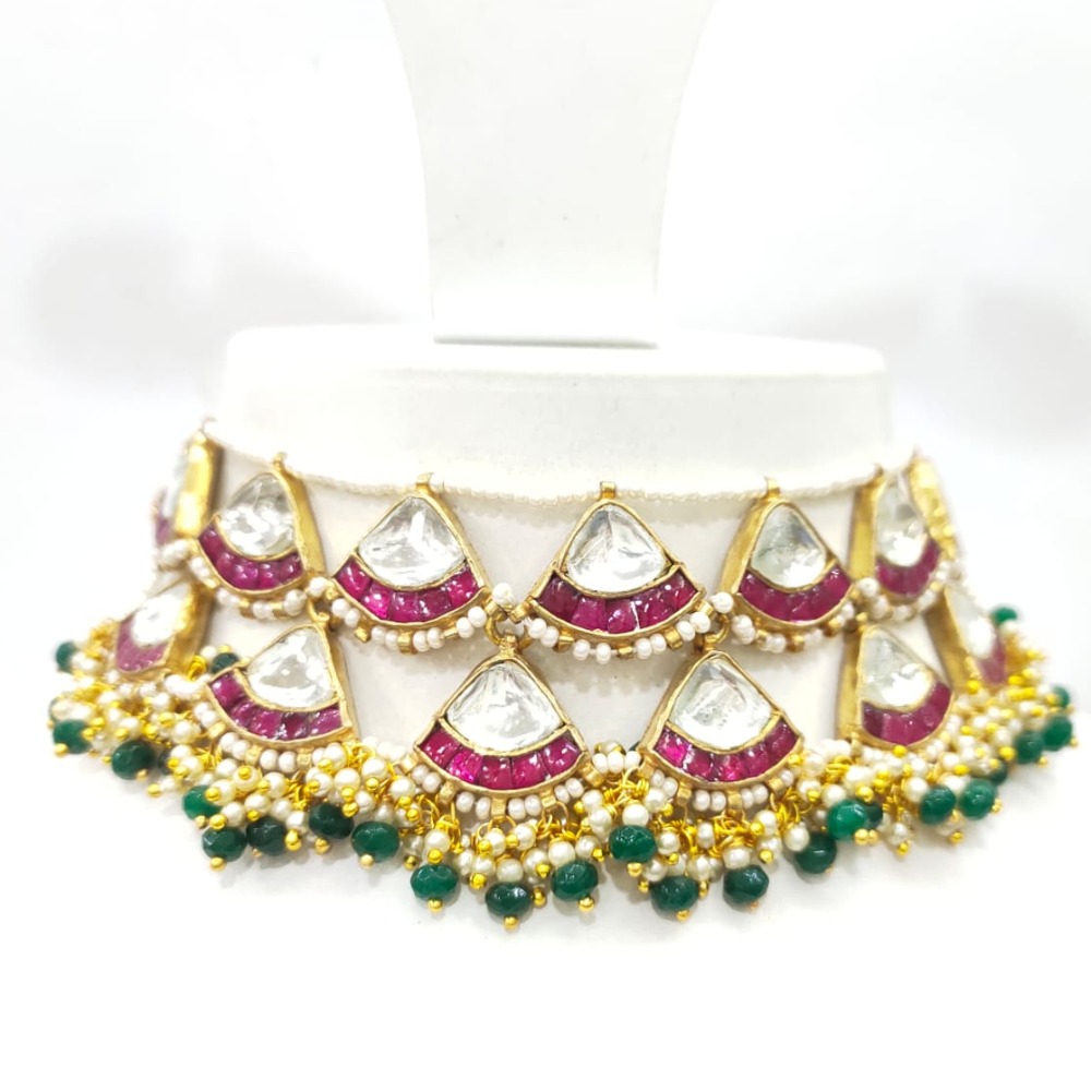 Choker kundan with hanging emerald and ruby stone necklace set 1581