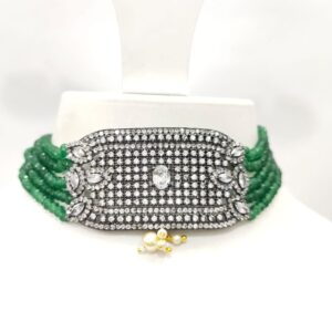 Green Bead Multi string with oxidized plated Diamond & stone Design choker set 1501