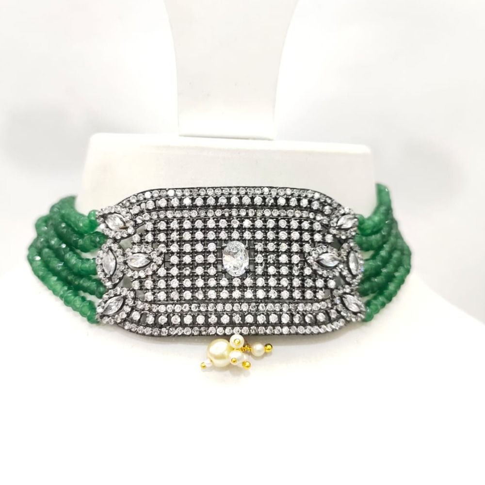 Green Bead Multi string with oxidized plated Diamond & stone Design choker set 1501