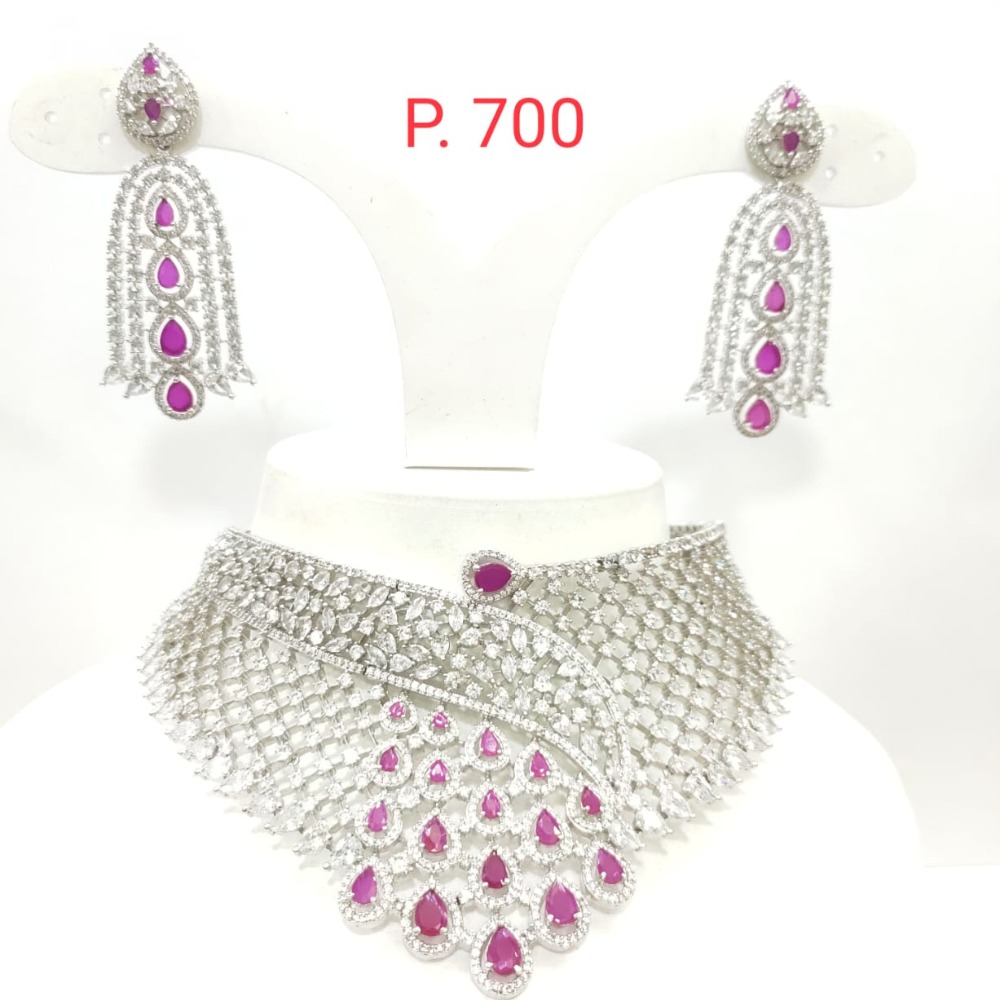 Bit work silver color choker with ruby necklace set 1448 - Image 3