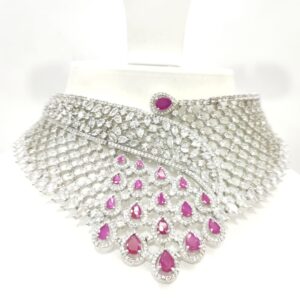 Bit work silver color choker with ruby necklace set 1448