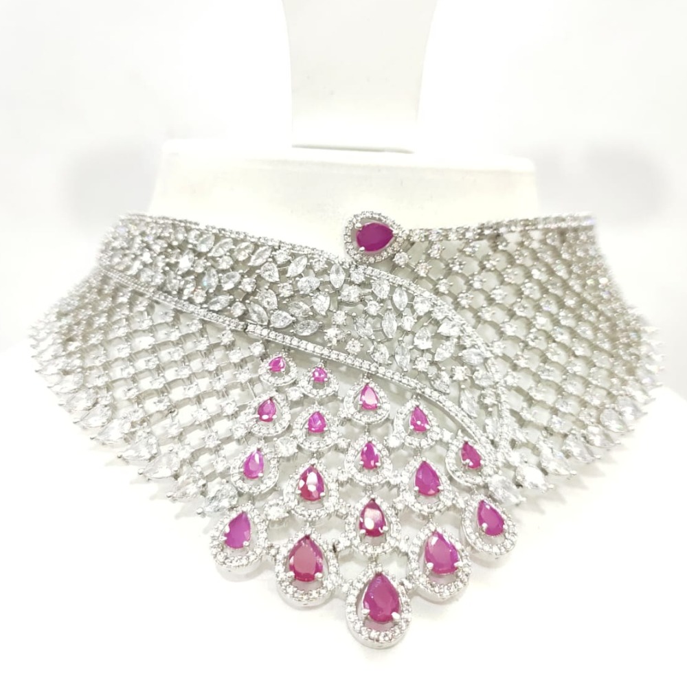 Bit work silver color choker with ruby necklace set 1448
