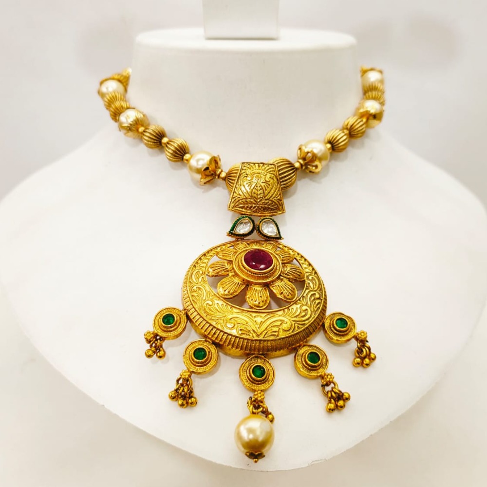 Antique gold plated flower style with hanging moti emerald stone necklace set 1430