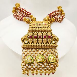 Full gold plated squer shape with hanging moti choker kundan & middlw ruby stone necklace set 1428