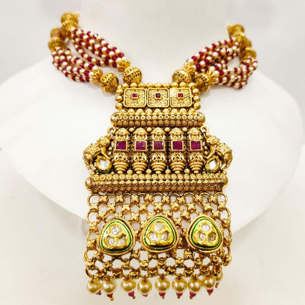 Full gold plated squer shape with hanging moti choker kundan & middlw ruby stone necklace set 1428