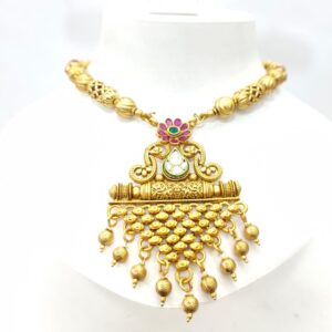 Gold plated choker with emerald bead and ruby stone necklace set 1422