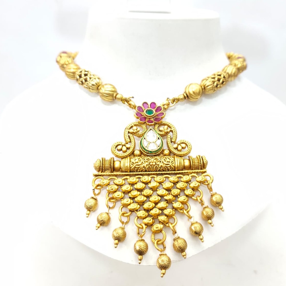 Gold plated choker with emerald bead and ruby stone necklace set 1422