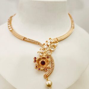 Fancy Gold tone Flower Design & Diamond Necklace set with Ruby stone 1420